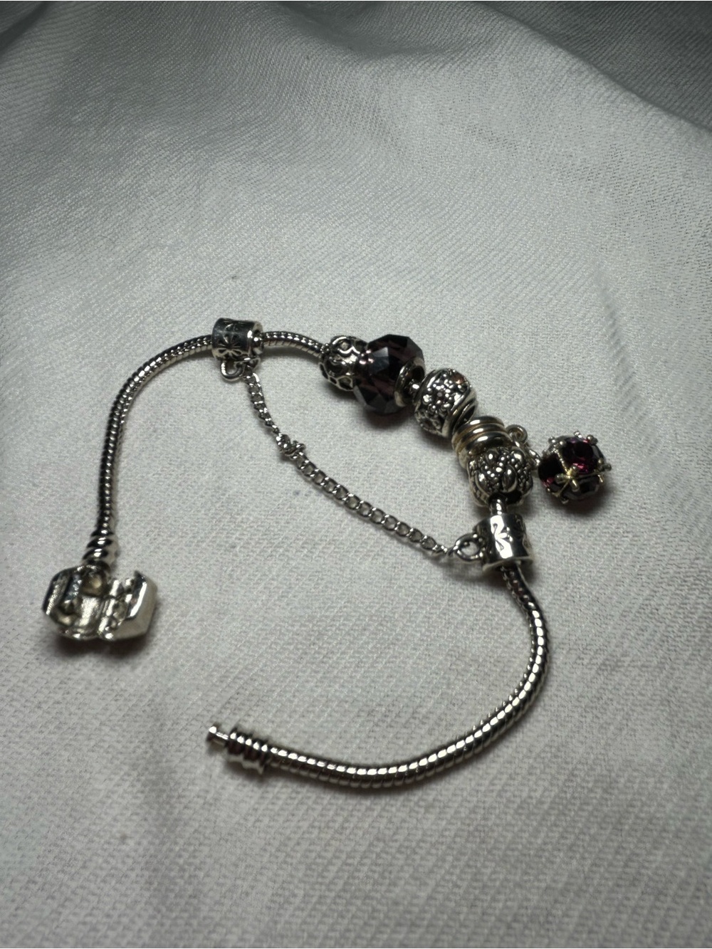 Pandora-style Silver Bracelet with Purple and Pink Crystal Charms